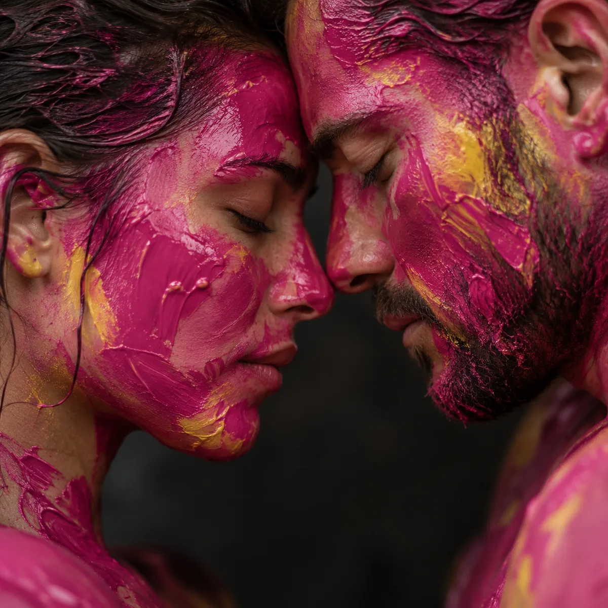 Two paint-covered faces resting forehead to forehead, eyes closed.