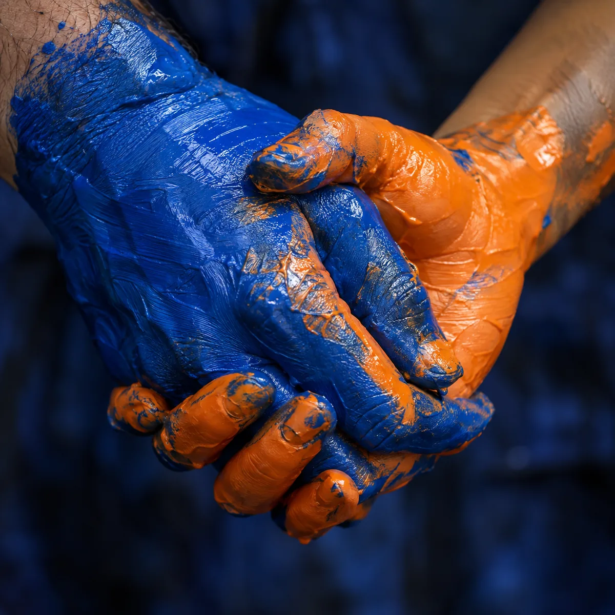 Two clasped hands, one painted blue and one orange, the colours smearing where they touch.