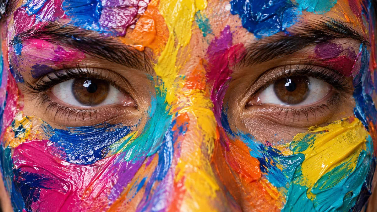 A face covered in thick strokes of paint in many colours, the eyes looking straight out.