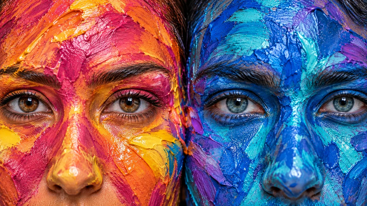Two faces covered in paint side by side, one in warm colours and one in cool, the colours mixing between them.