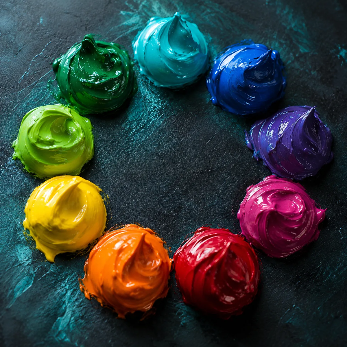Nine round dollops of paint in a ring, each a different colour.