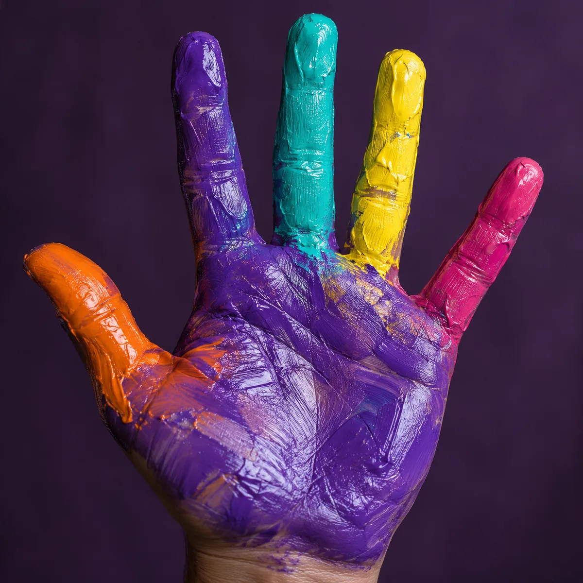 An open hand covered in paint, each finger a different colour.